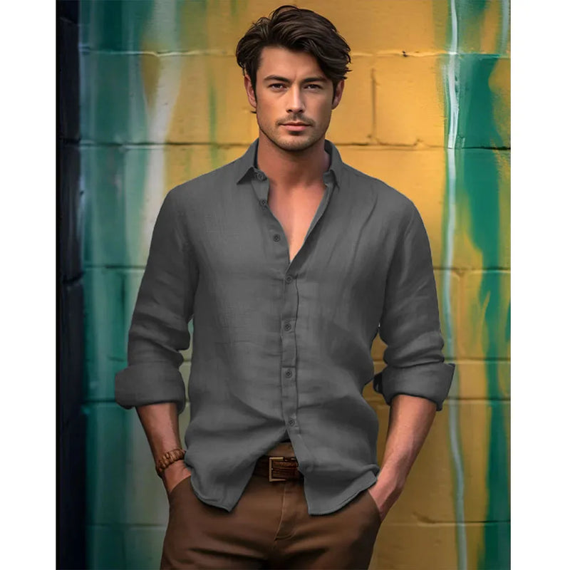 Camisas masculinas de linho de algodão de manga comprida slim fit para homens de negócios casual camisa com botões camisas leves e respiráveis