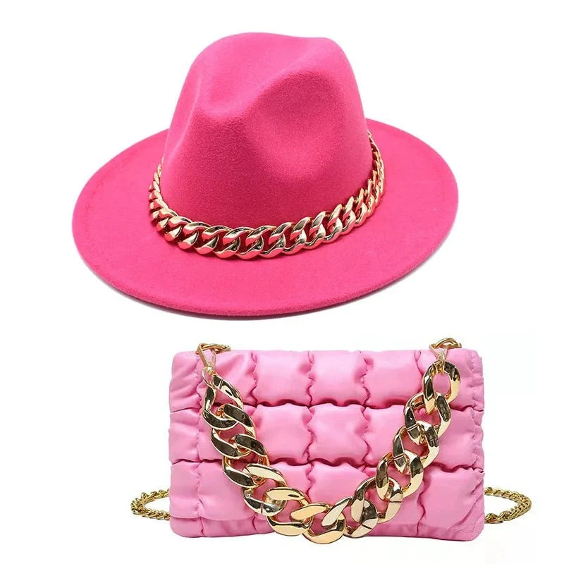 Chapéu Feminino Fedora Corrente Acessório bolsa brinde