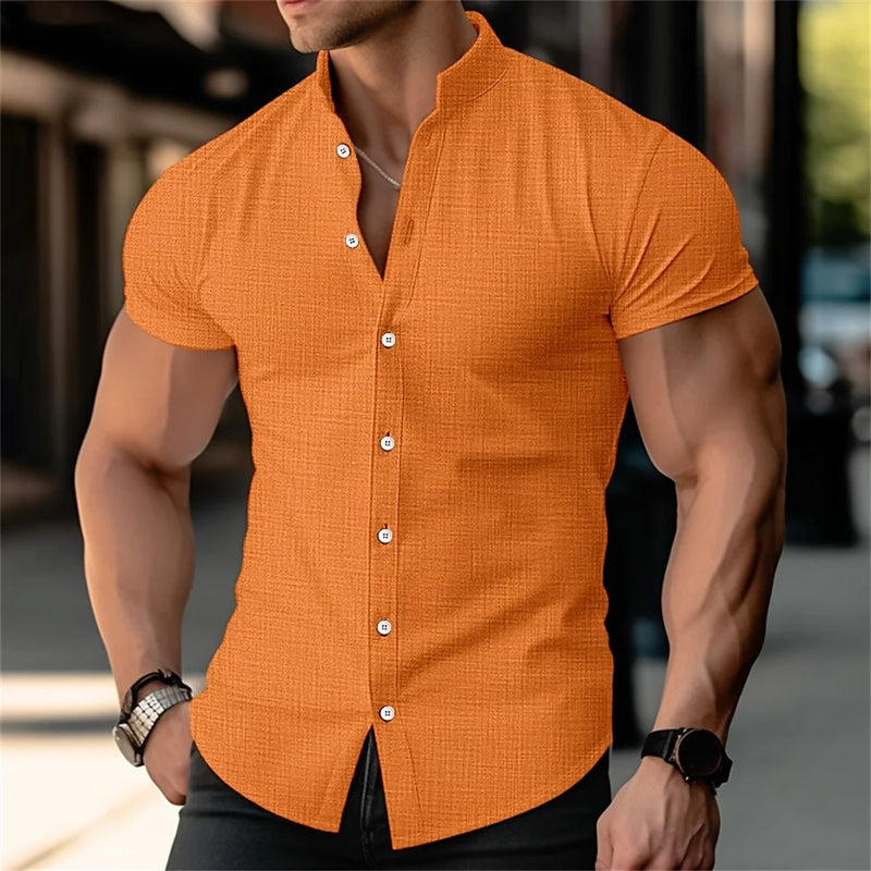 Camisa de linho gola alta masculina, botão de praia do verão, piscina preta e branca, camisa de manga curta laranja, roupa casual diária