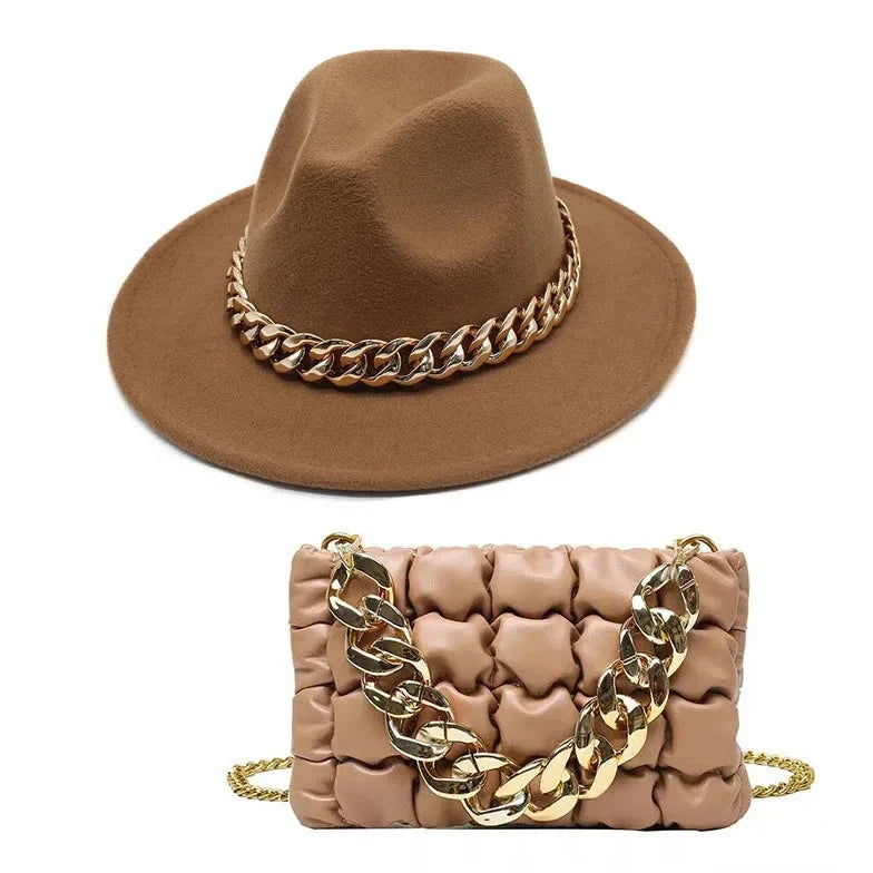 Chapéu Feminino Fedora Corrente Acessório bolsa brinde