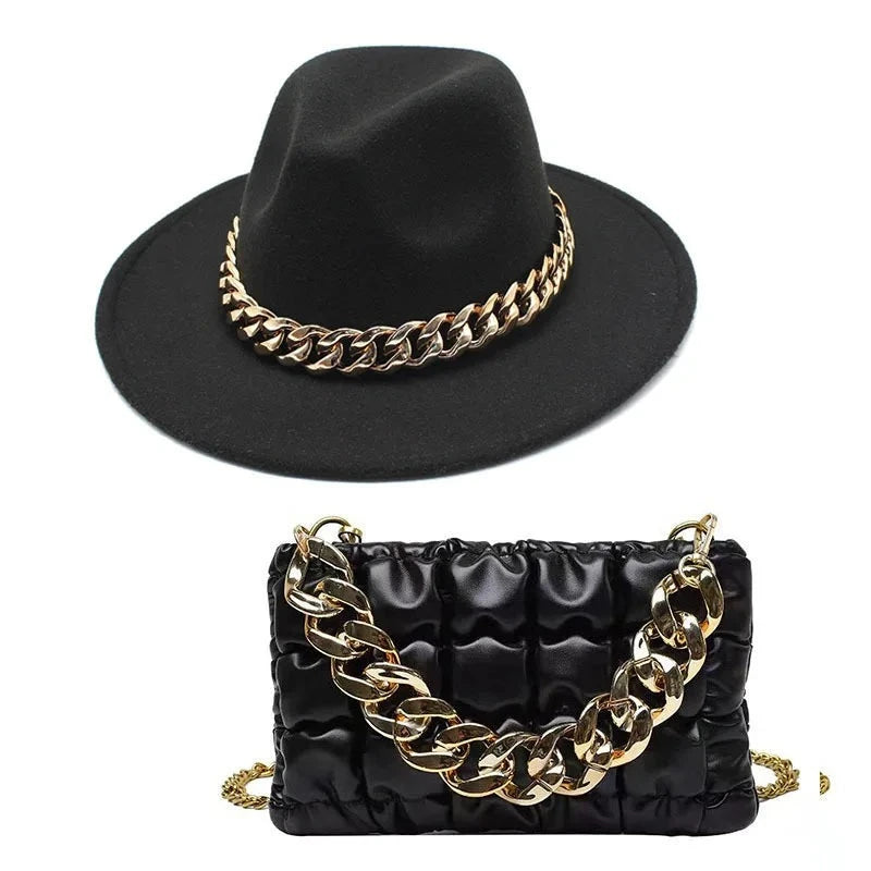 Chapéu Feminino Fedora Corrente Acessório bolsa brinde