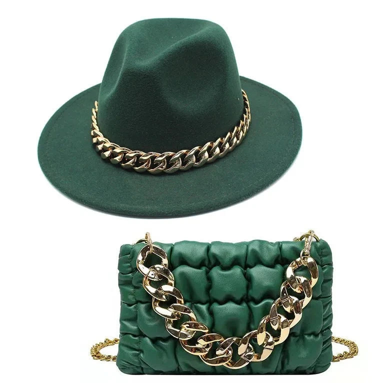 Chapéu Feminino Fedora Corrente Acessório bolsa brinde